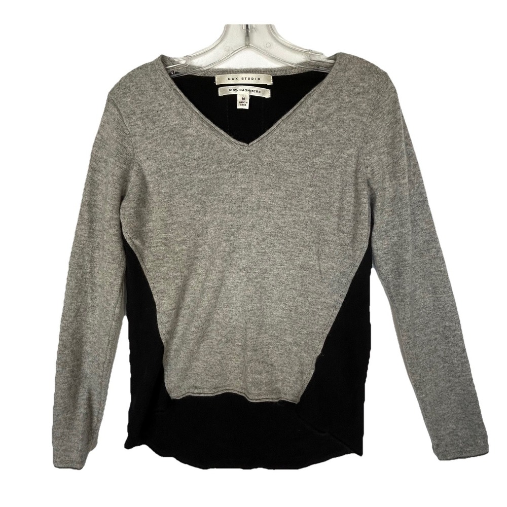 Max Studio Cashmere Sweater Hi Lo Color Block Gray Black Rolled V Neck Medium